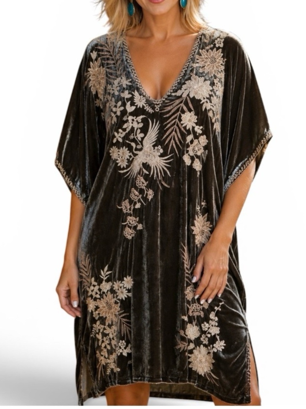 Johnny Was Othilia Silk-Blend Kimono Dress Steel Gray with Beige Embroidery XS